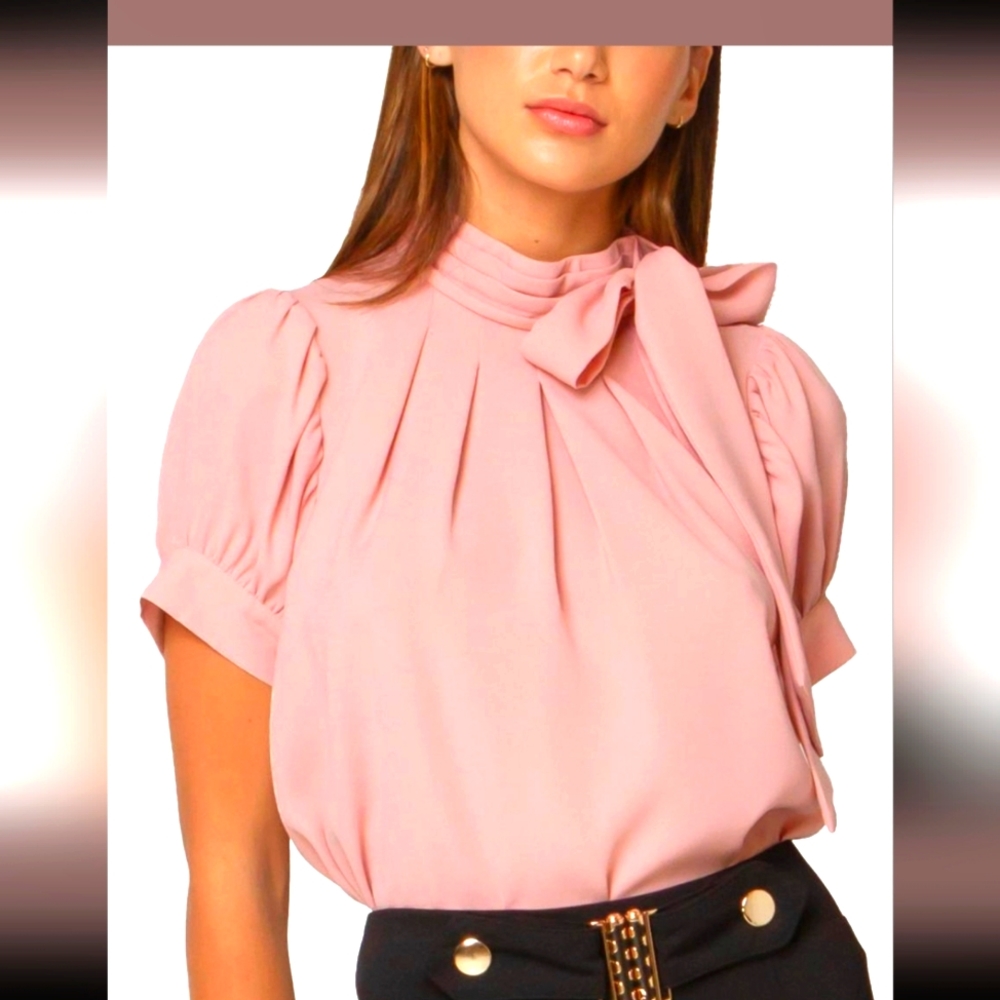 GRACIA - NECK BOW PUFF SHORT SLEEVE TOP